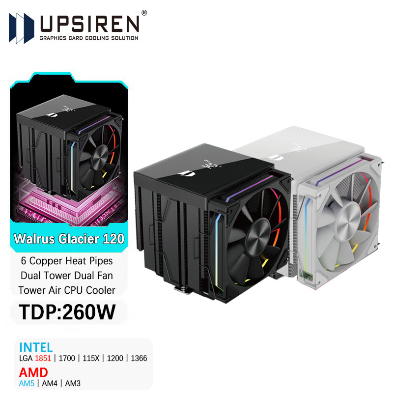 Cpu Air Cooler Dual Tower 6 Heatpipe - UPSIREN Walrus Glacier 120 Digital display